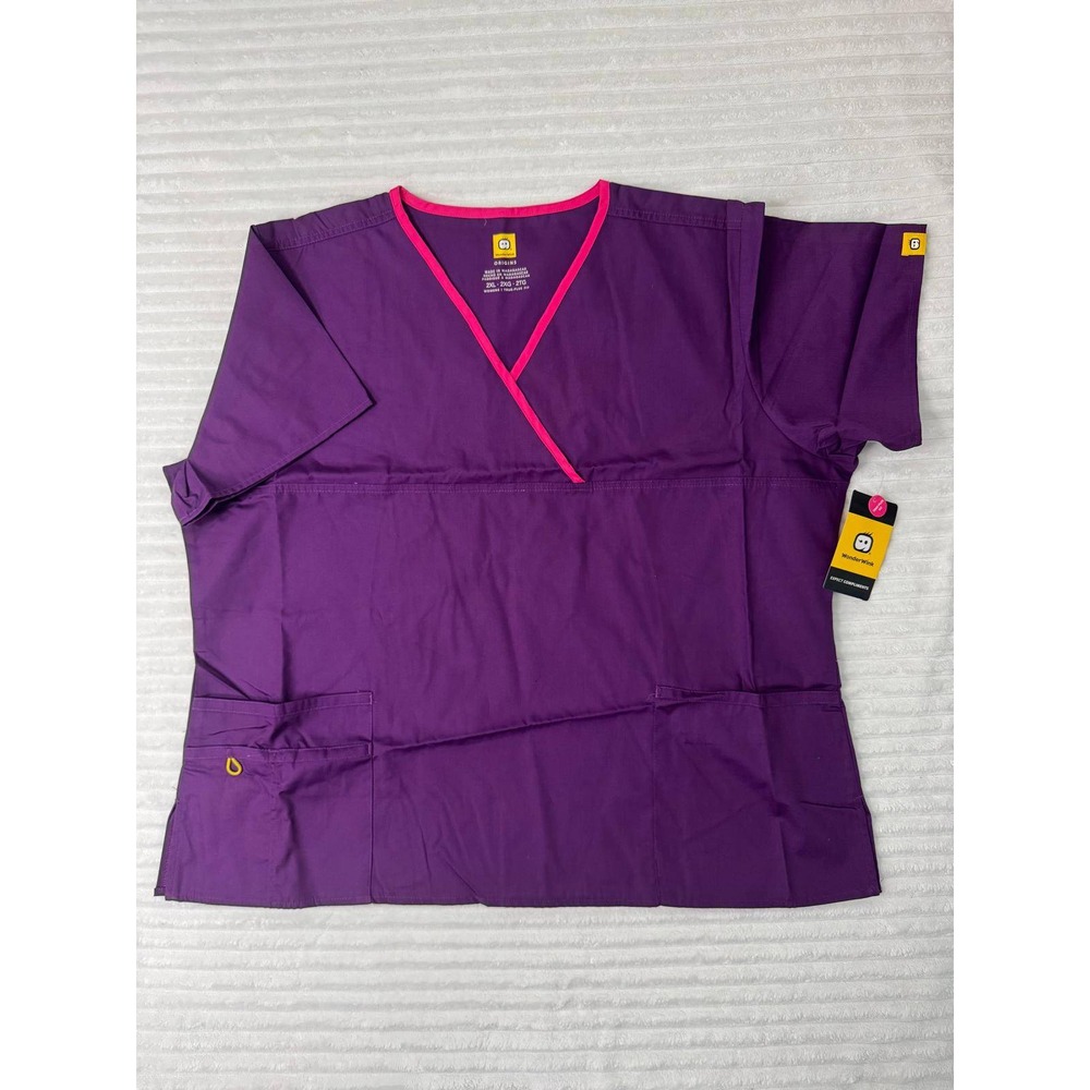 WonderWink Origins Scrub Top Womens 2XL Purple Pink Trim Mock Wrap 6026 NEW